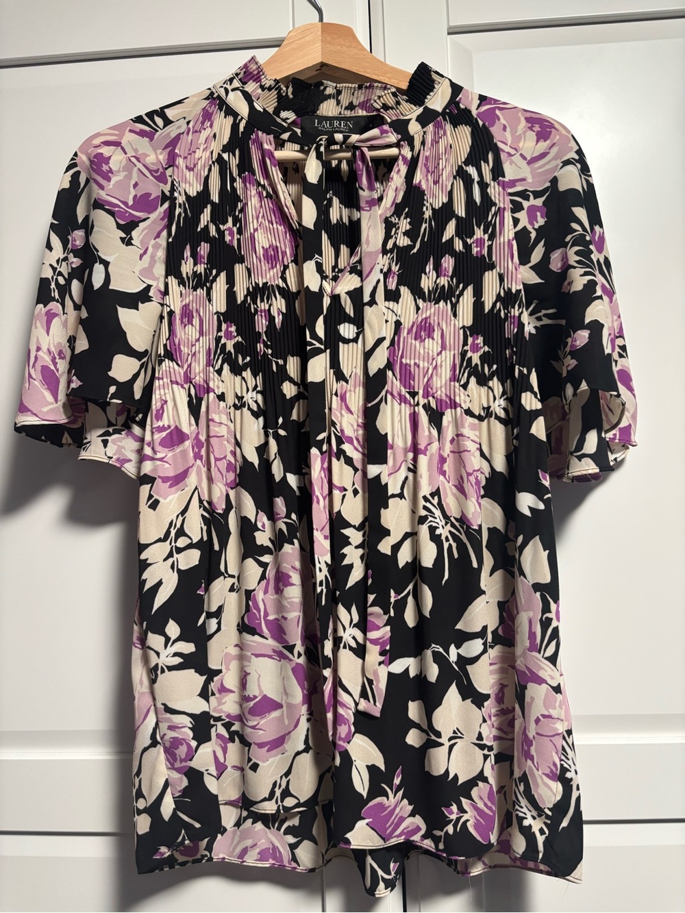 Lauren Ralph Lauren Pleated Floral Blouse Top | Purple & Black | M